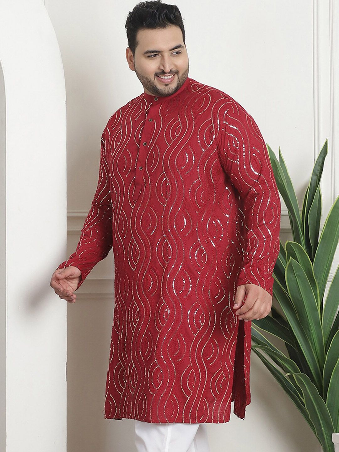 SOJANYA PLUS PLus Size Ethnic Motifs Embroidered Band Collar Long Sleeves Straight Kurta