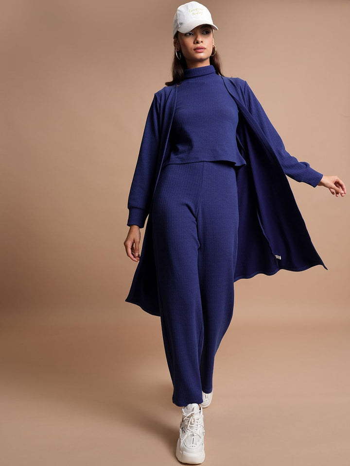 Tokyo Talkies Navy Blue Self Design High Neck Top & Trouser With Shrug Co-Ords
