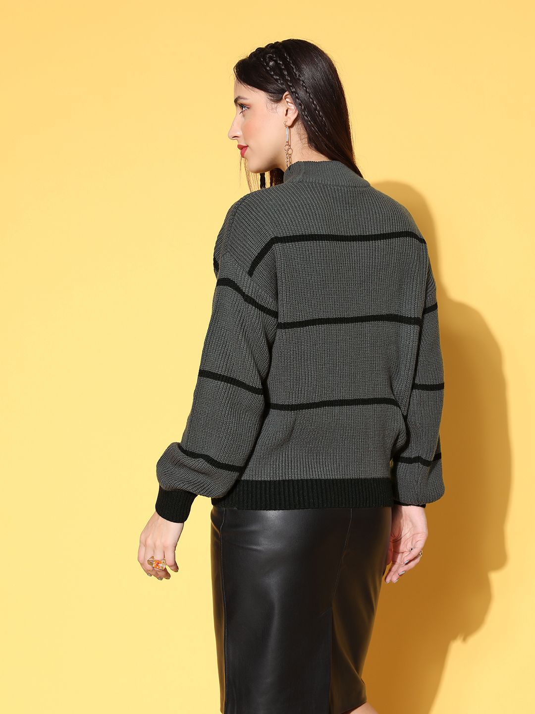 Berrylush Women Charcoal Striped Knits Bits Sweater