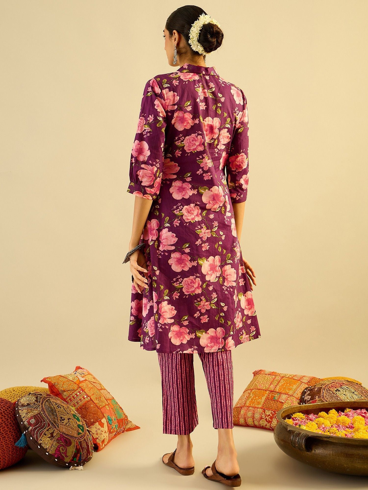 Indo Era Floral Printed V-Neck Pure Cotton A-Line Kurta with Trouser