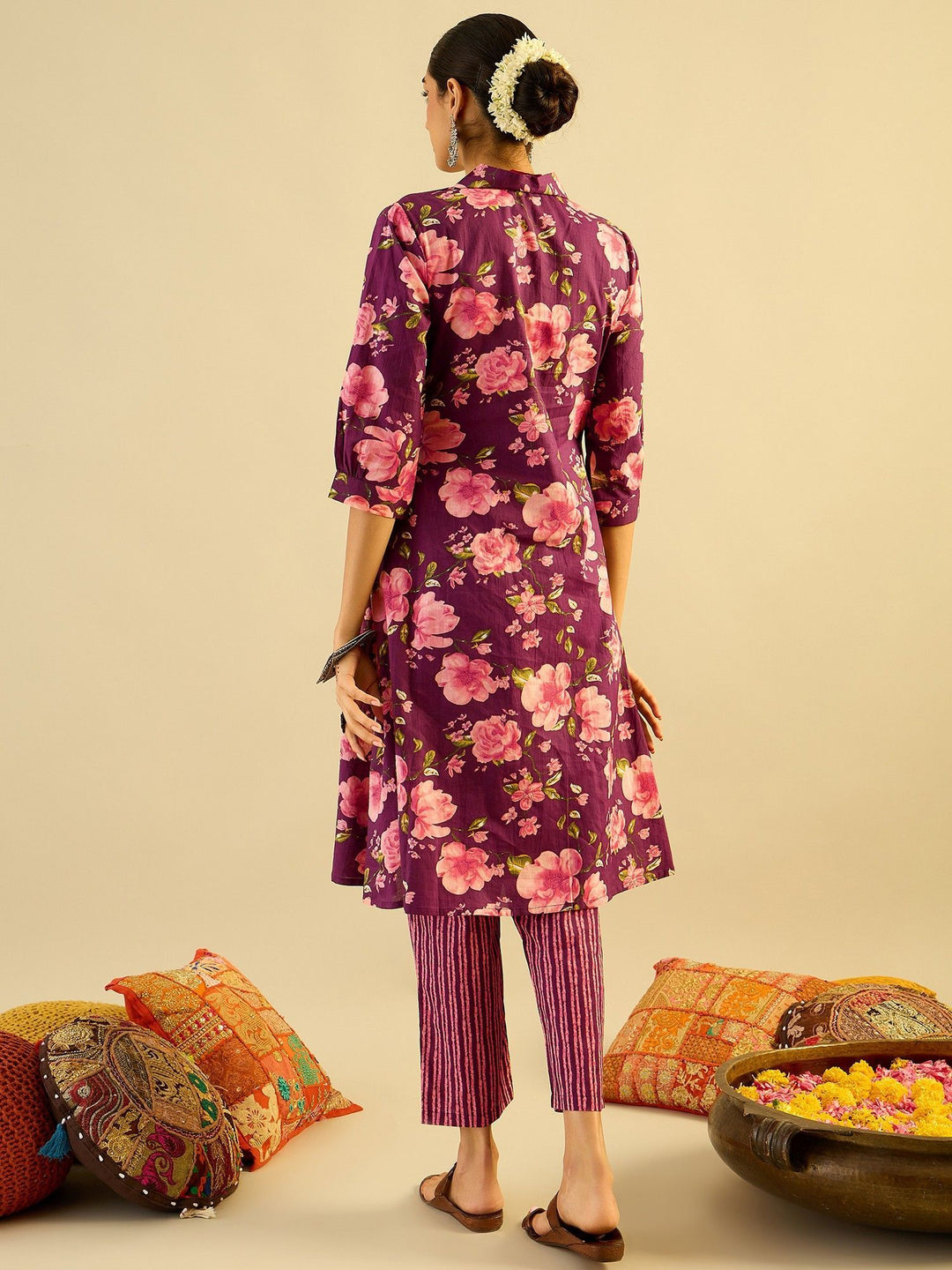 Indo Era Floral Printed V-Neck Pure Cotton A-Line Kurta with Trouser