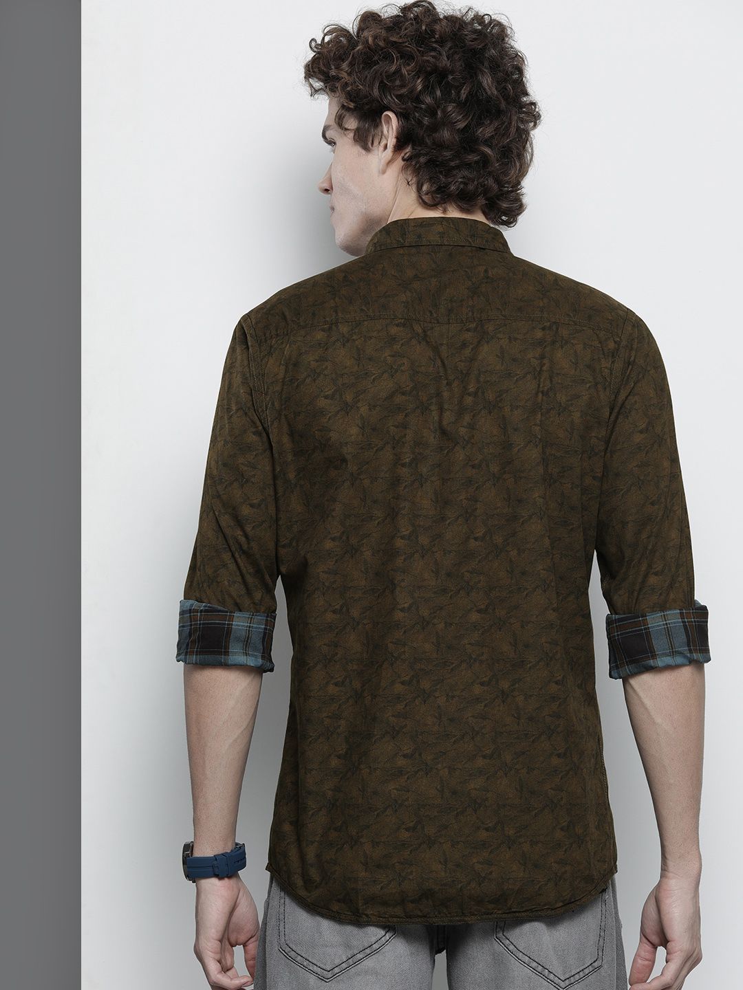 The Indian Garage Co Men Blue & Coffee Brown Comfort Reversible Checked FloralCotton Shirt