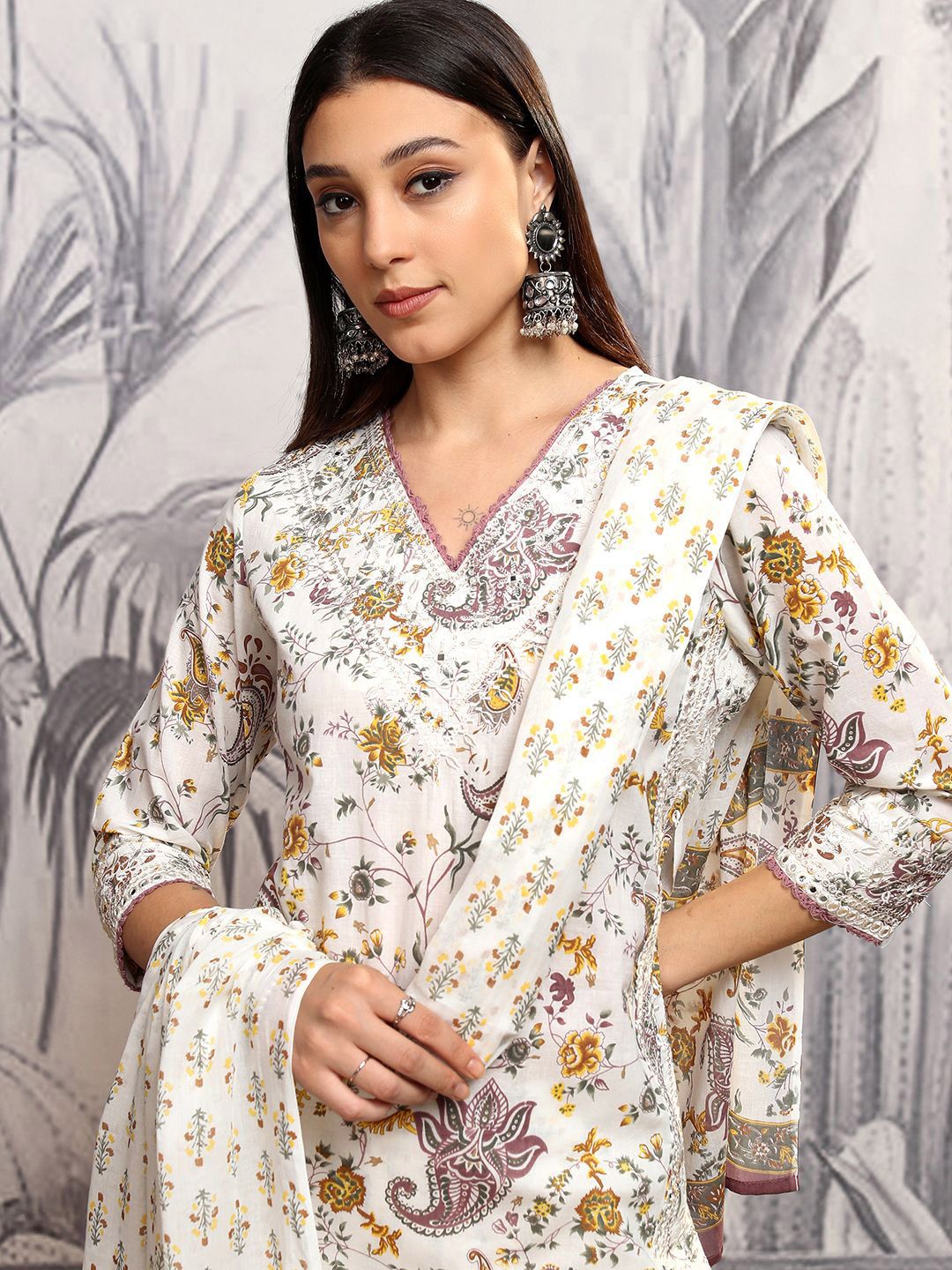 Vishudh Women Ethnic Motifs Printed Regular Pure Cotton Kurta with Trousers & With Dupatta