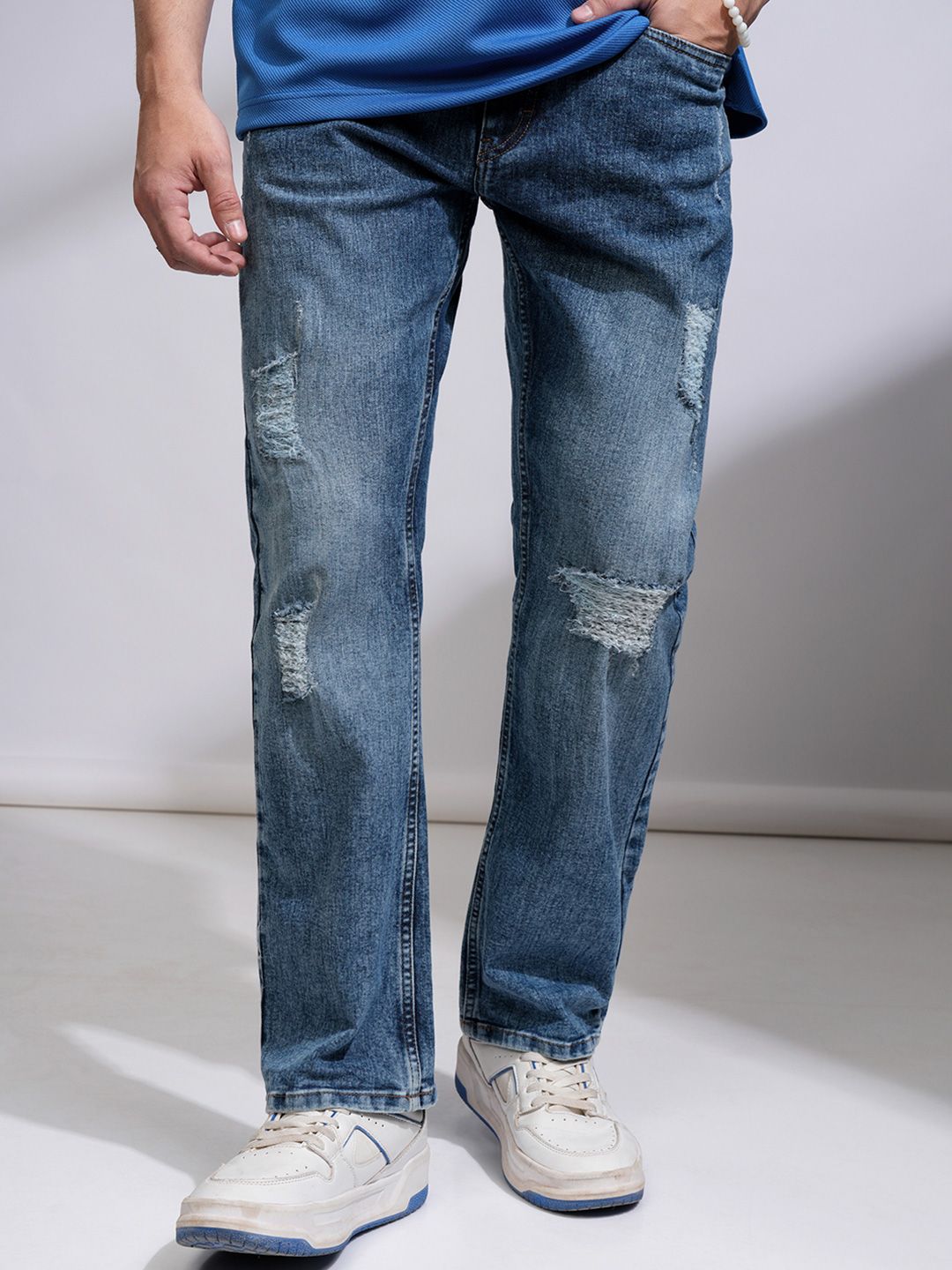 HIGHLANDER Men Bootcut Mid-Rise Light Fade Mildly Distressed Stretchable Jeans