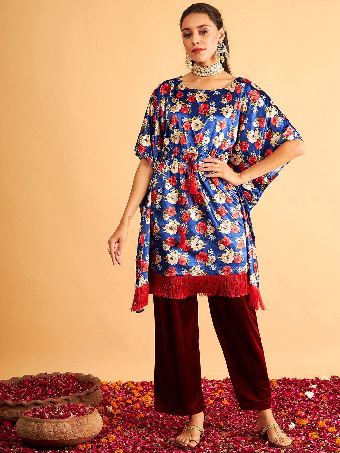 Shae by SASSAFRAS Floral Printed Velvet High Low Kaftan Kurta