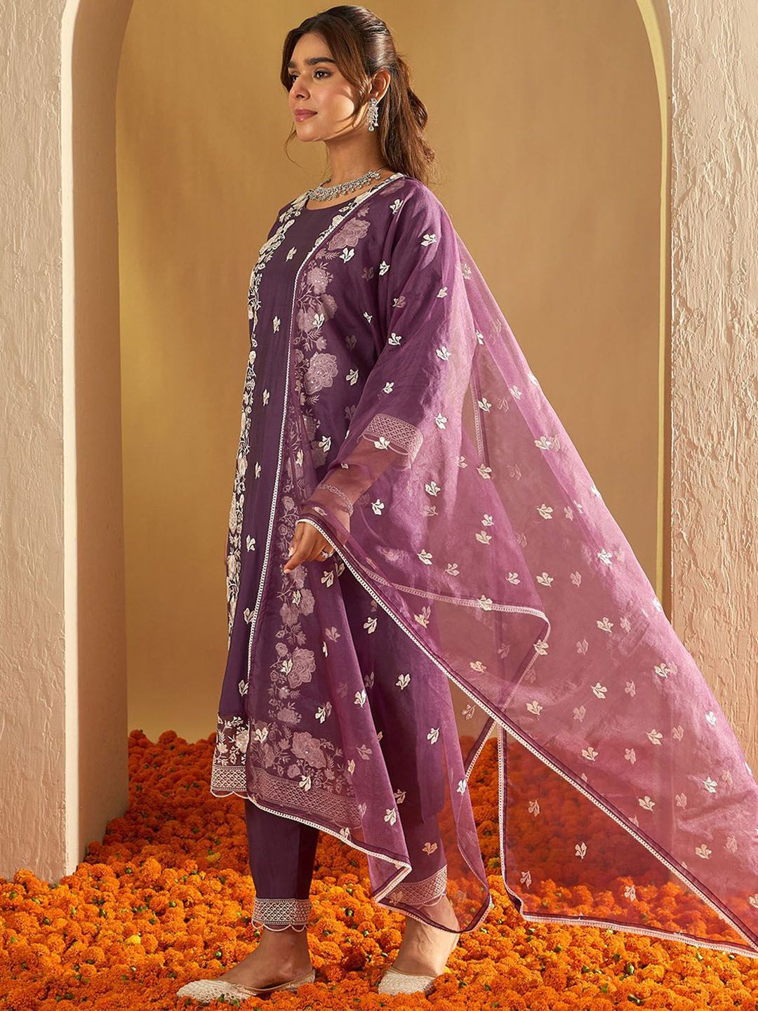 Indo Era Floral Embroidered Thread Work Straight Kurta With Trousers & Dupatta