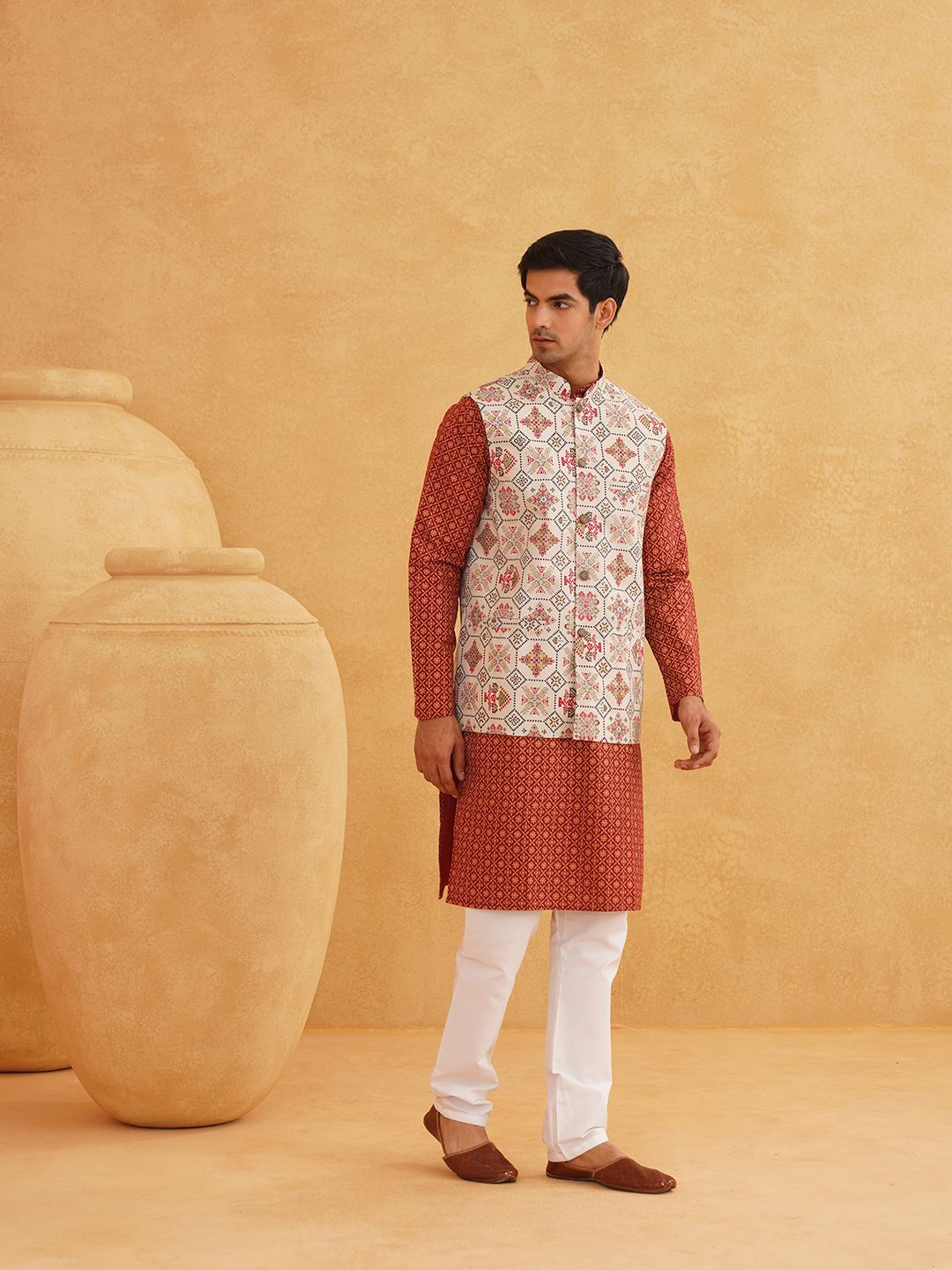 SOJANYA Floral Printed Band Collar Cotton Linen Kurta With Churidar And Nehru Jacket
