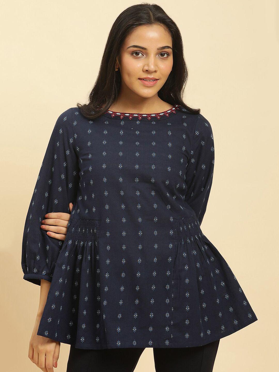 W Ethnic Motifs Printed Puff Sleeves Cotton Peplum Top