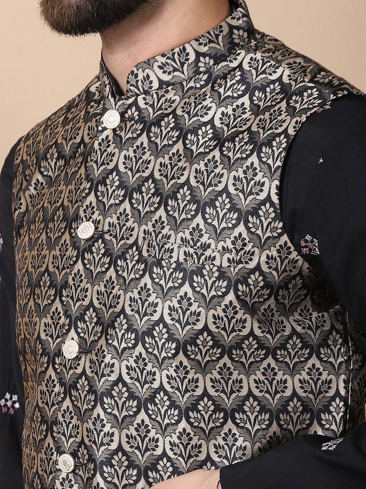Anouk Black Floral Embroidered Sequinned Cotton Silk Kurta with Churidar & Nehru Jacket