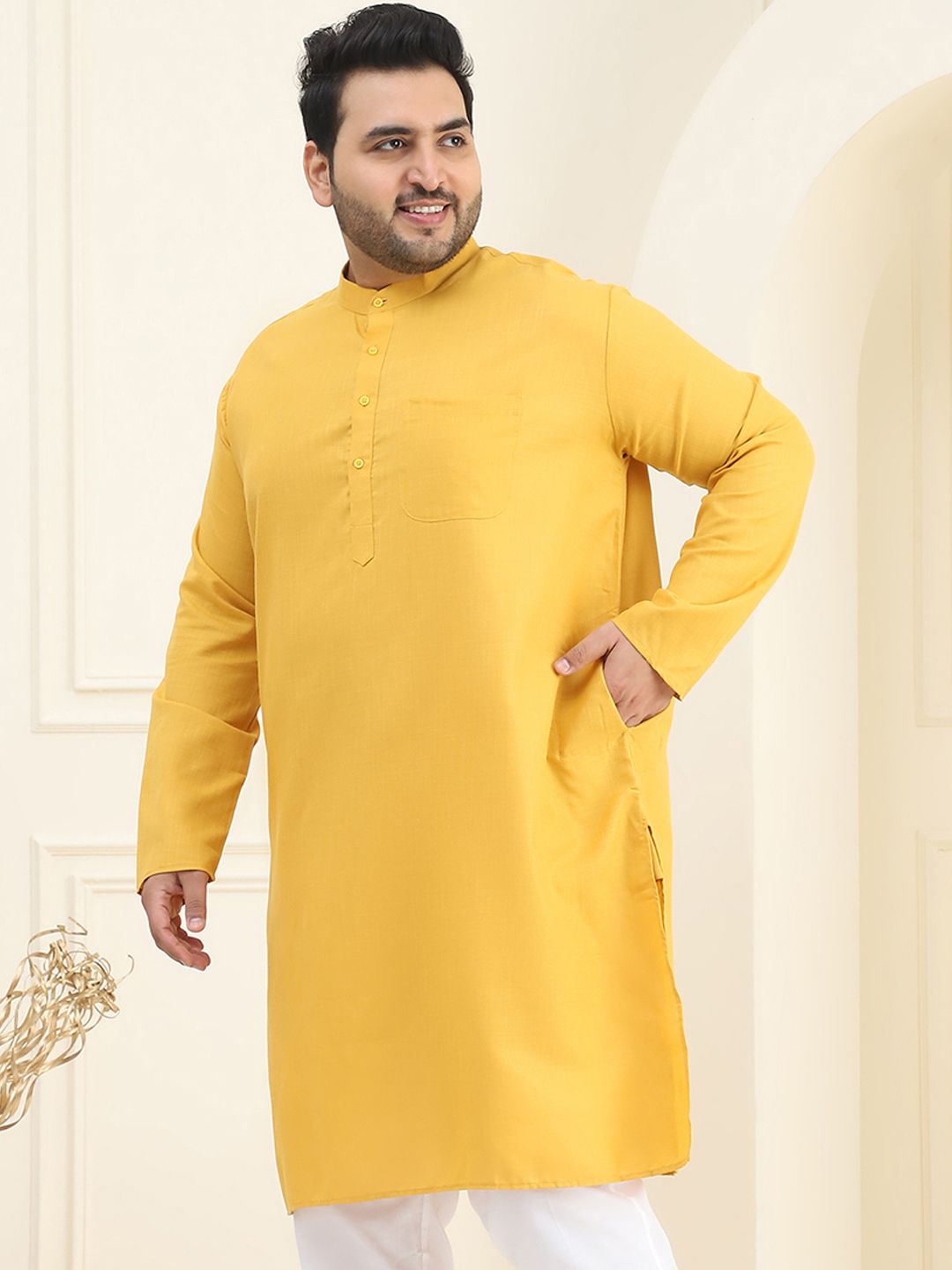SOJANYA PLUS Size Men Mustard Yellow Pure Cotton Kurta