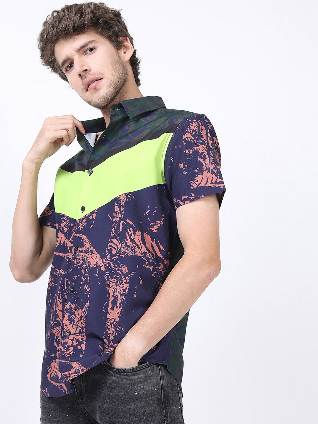 HIGHLANDER Men Navy Blue Slim Fit Printed Casual Shirt