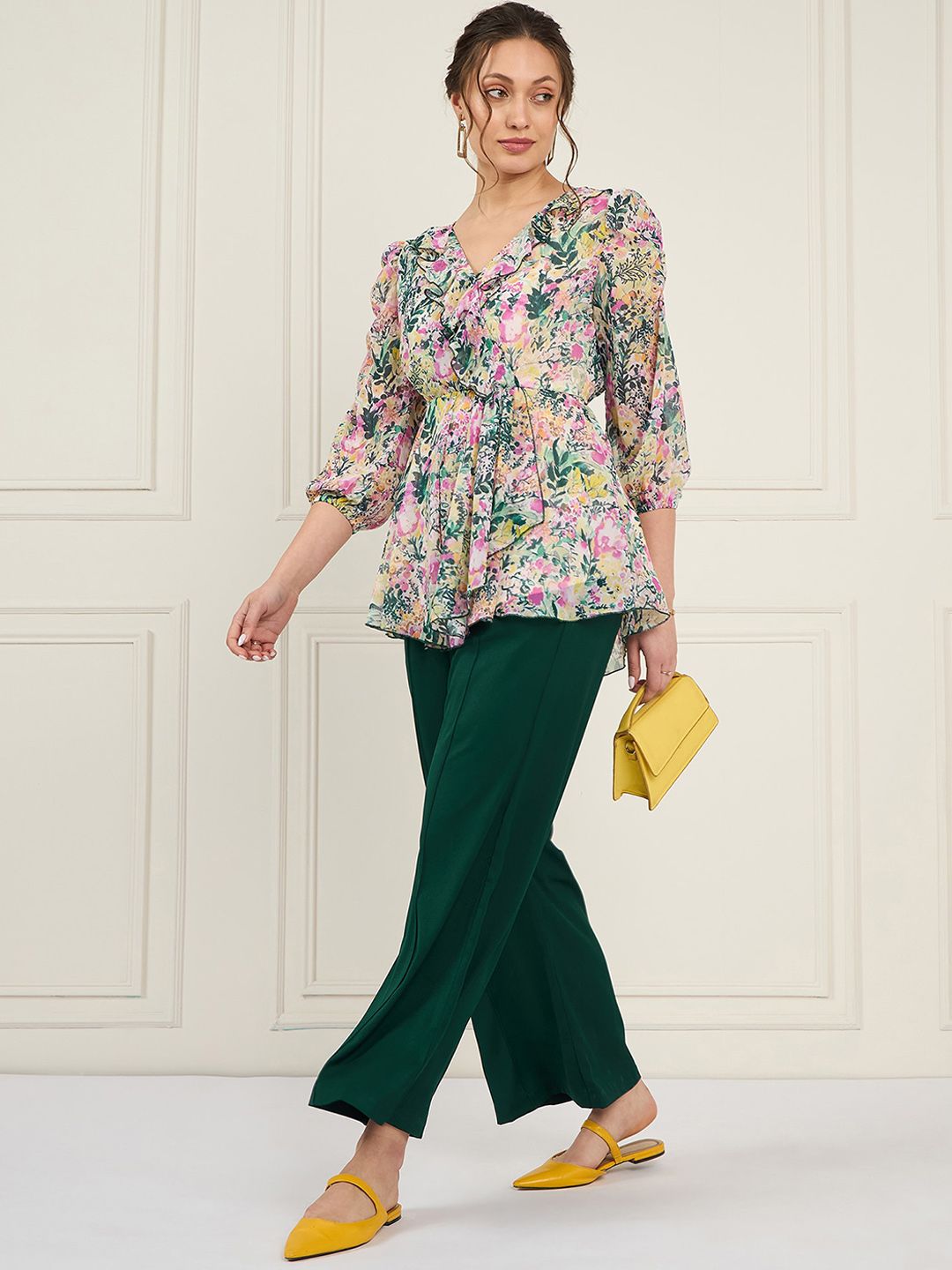 Antheaa Green Floral Printed Puff Sleeves Ruffled Top With Trouser