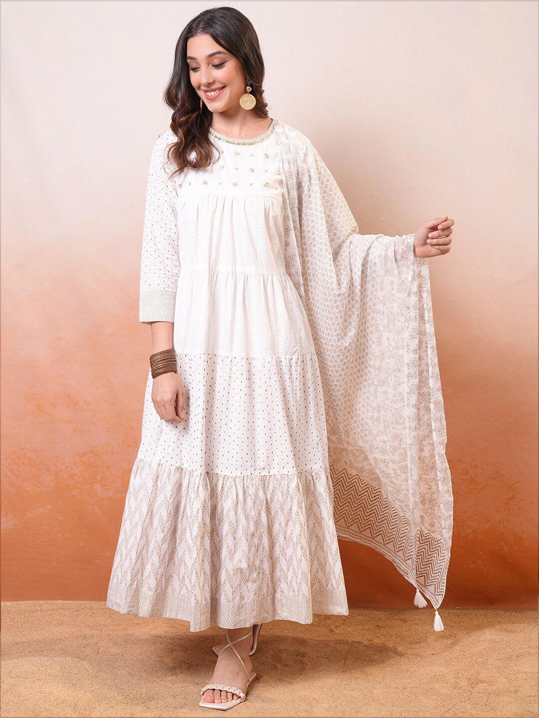 Vishudh Embroidered Tiered Maxi Dress Set With Dupatta