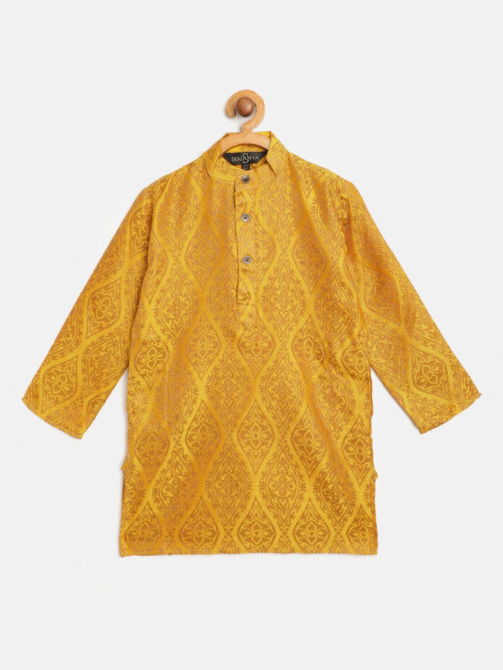 SOJANYA Lelaki Mustard & Motif Etnik Coklat Rekaan Tenunan Jacquard Anyaman Band Kolar Kurta