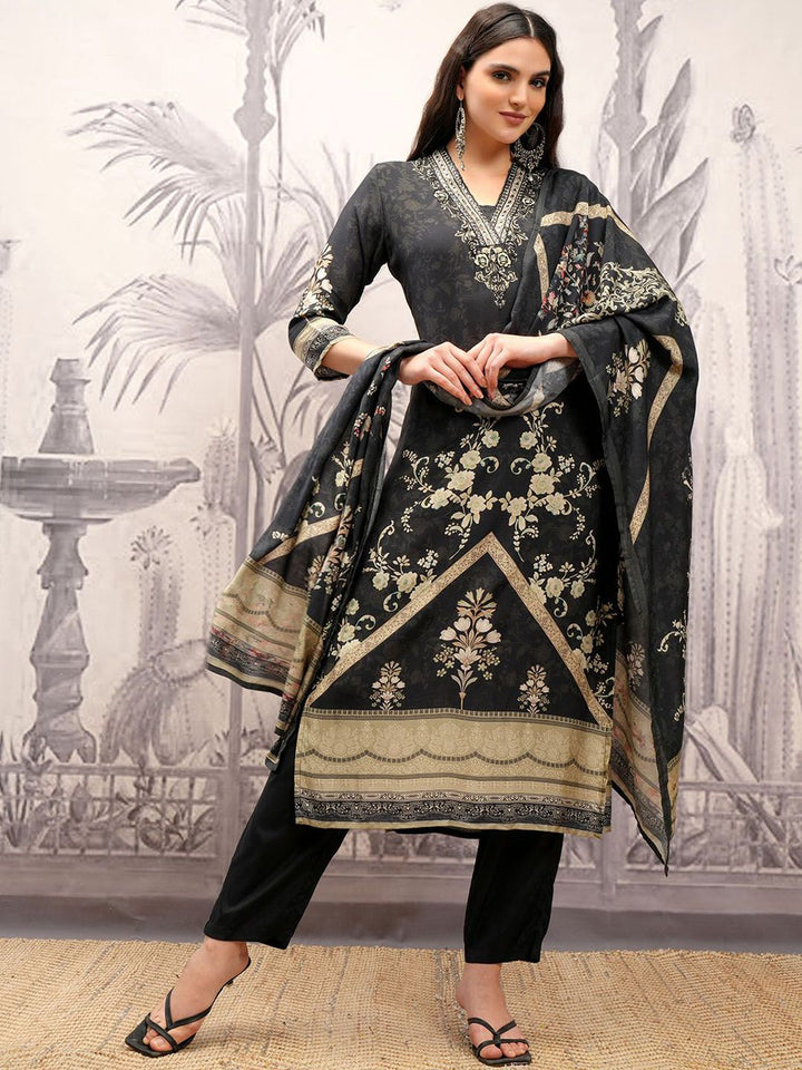 Vishudh Black & Gold Toned Floral Embroidered Straight Kurta with Trousers & With Dupatta
