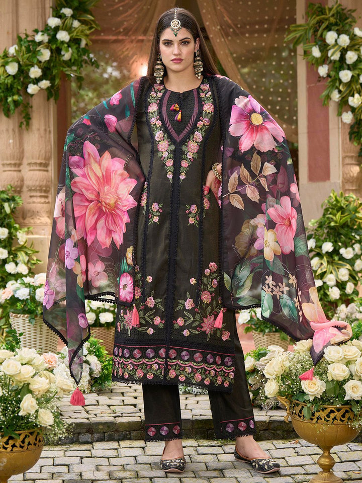 Indo Era Women Floral Embroidered Panelled Thread Work Kurta with Trousers & With Dupatta