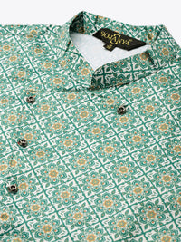 SOJANYA Men Grey & Green Solid Kurta with Churidar & Printed Jacket