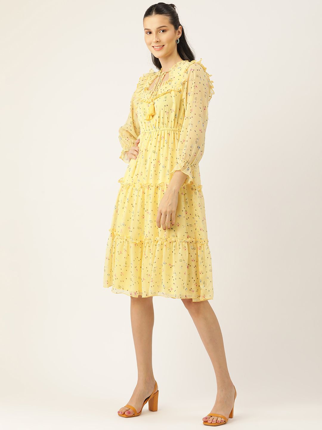 Antheaa Yellow Floral Chiffon Midi Dress