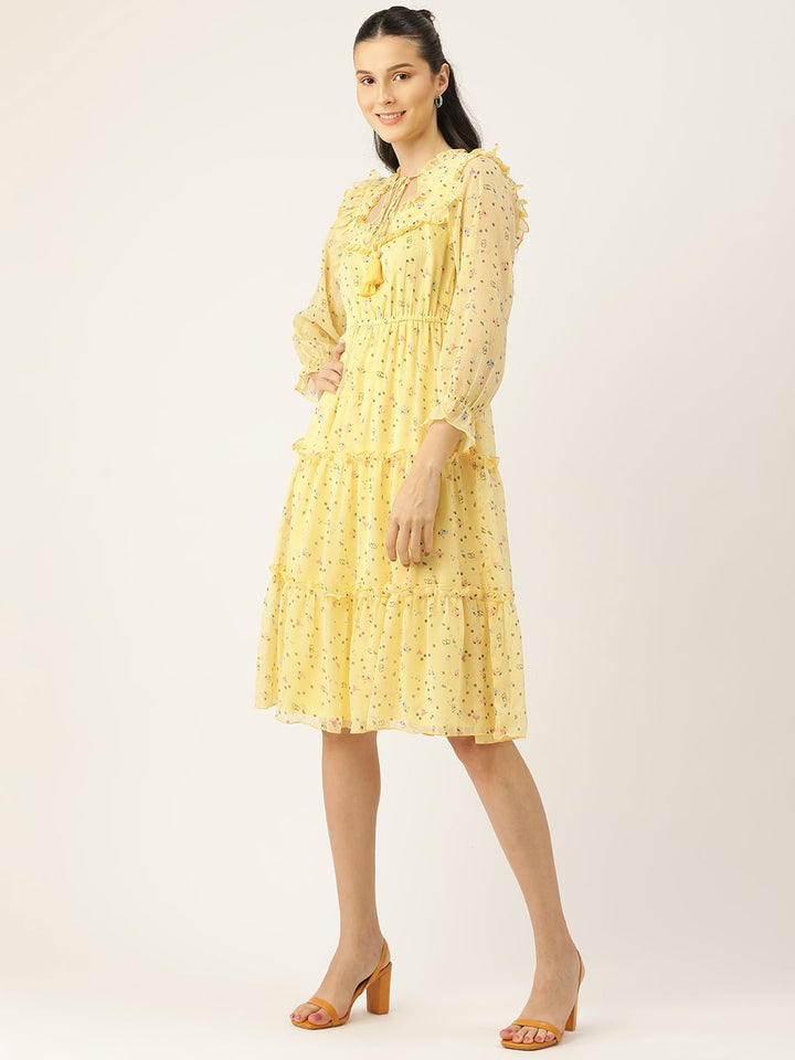 Antheaa Yellow Floral Chiffon Midi Dress
