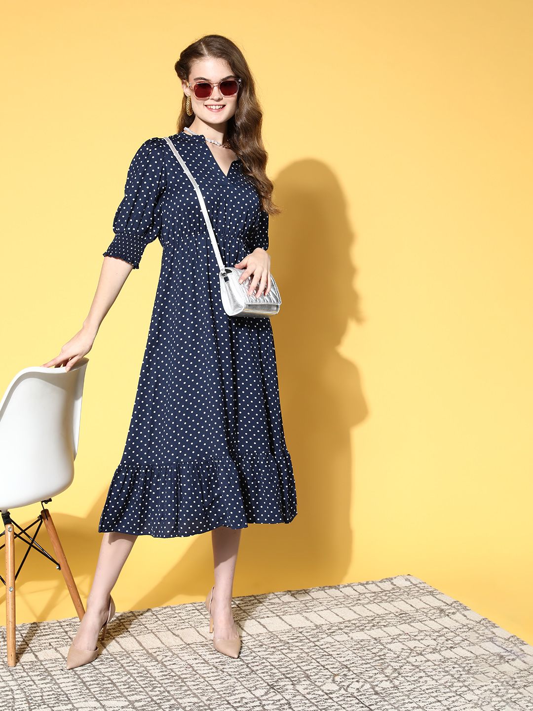 Berrylush Women Deep Navy Blue Polka Dotted Volume Play Dress