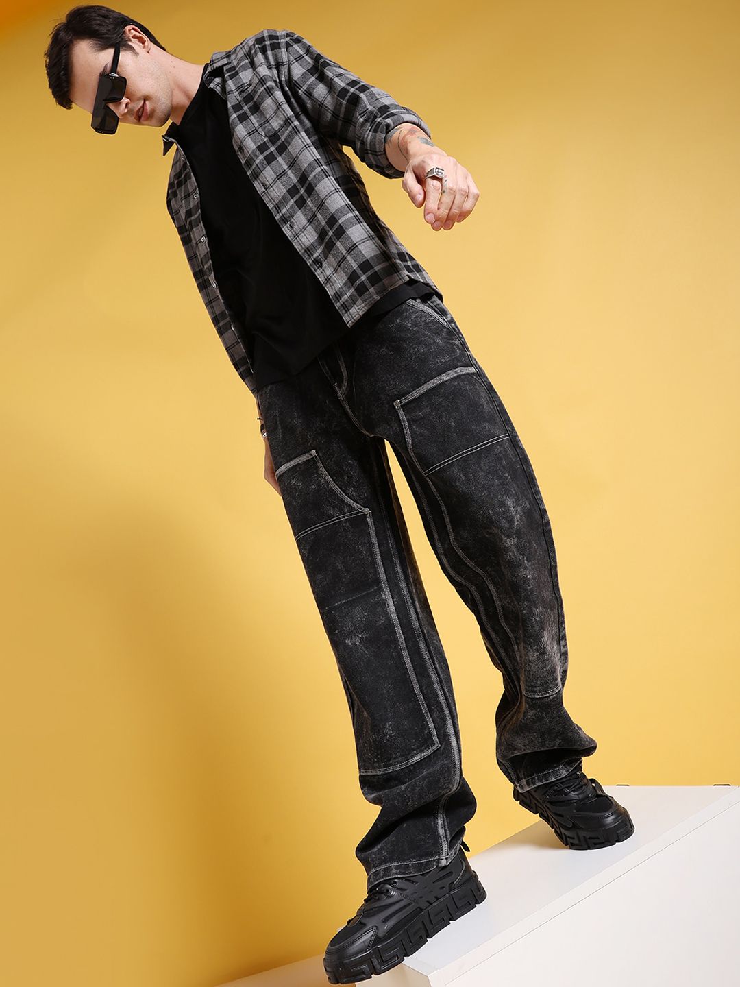 The Indian Garage Co Men Heavy Fade Mid Rise Baggy Relaxed Fit Jeans