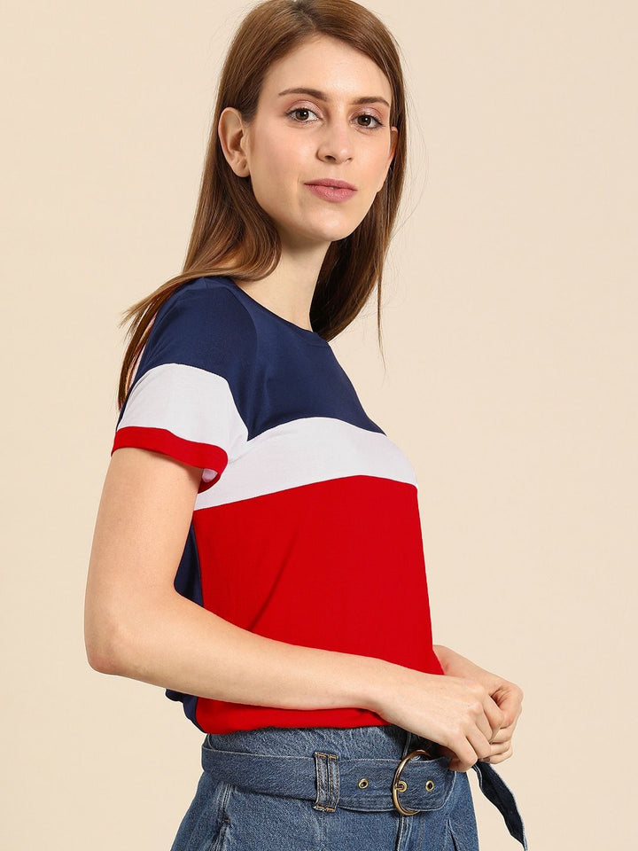 DressBerry Women Navy Blue & Red  Colourblocked Round Neck T-shirt