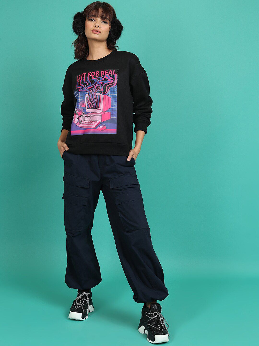 Tokyo Talkies Black Graphic Printed Oversized Pullover Sweatshirt