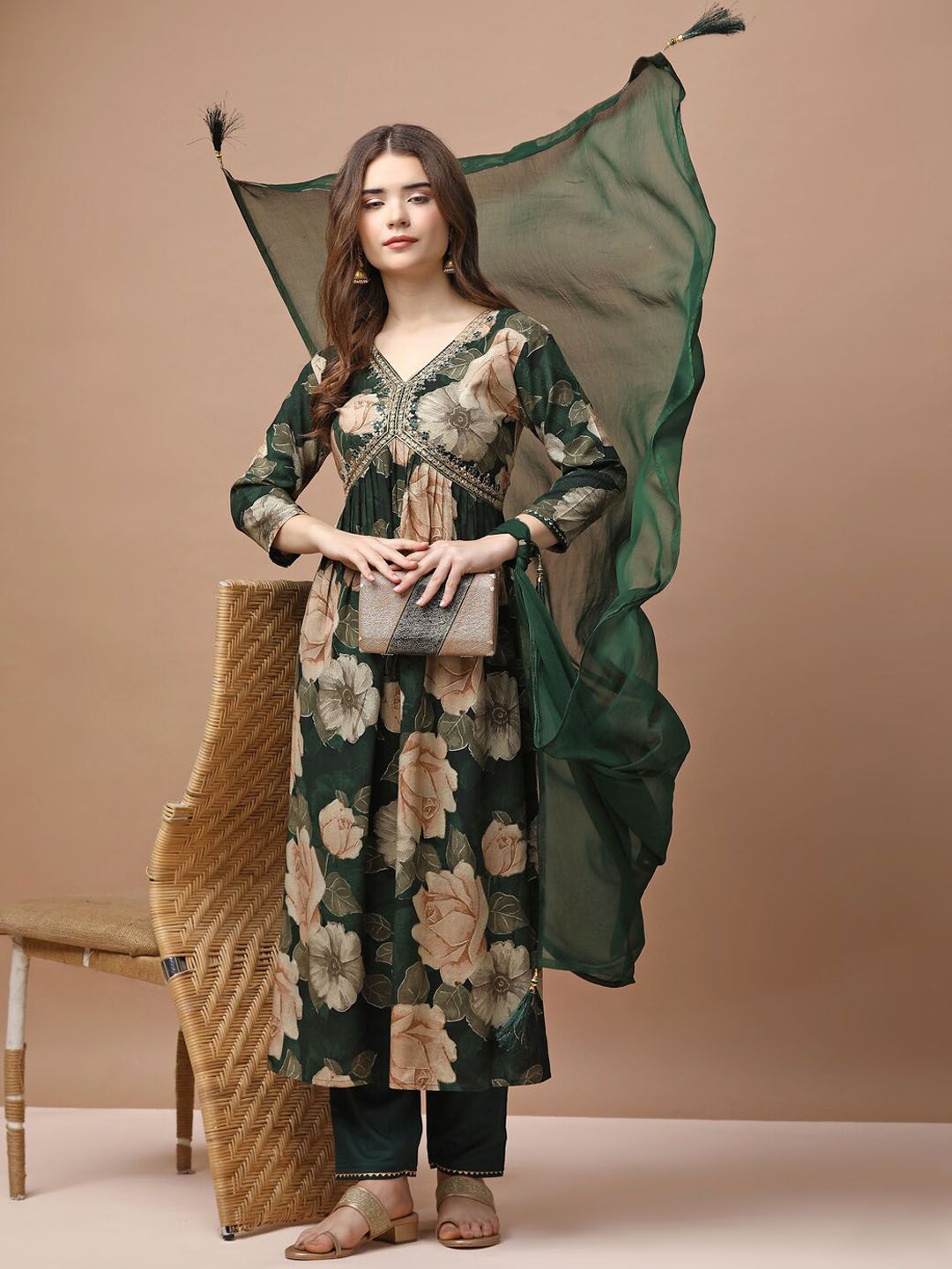 KALINI Floral Printed Empire Sequinned Kurta With Trousers & Dupatta