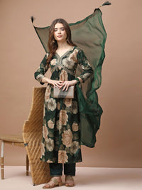 KALINI Floral Printed Empire Sequinned Kurta With Trousers & Dupatta
