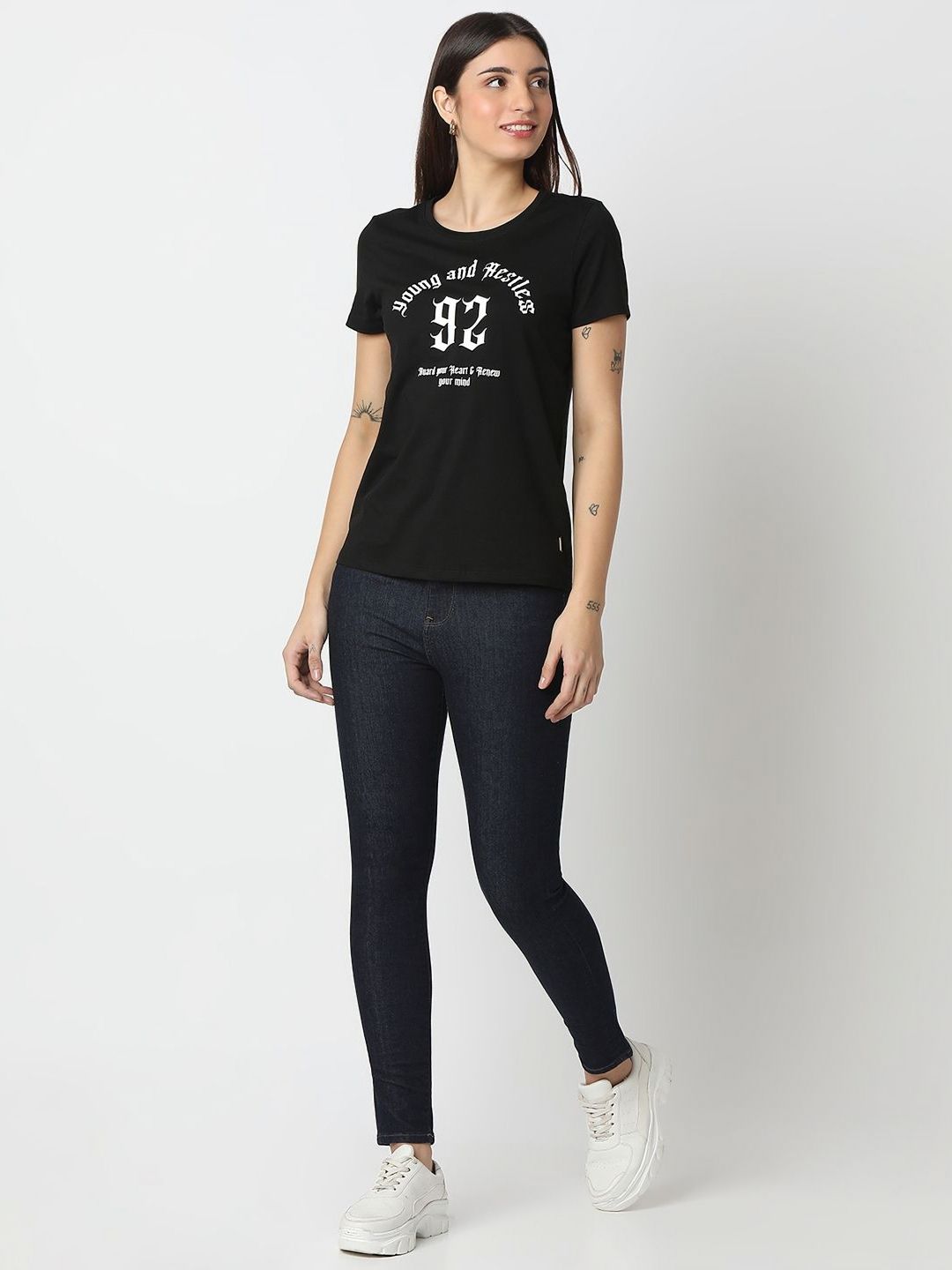 SPYKAR Women Typography Printed Round Neck Cotton T-shirt