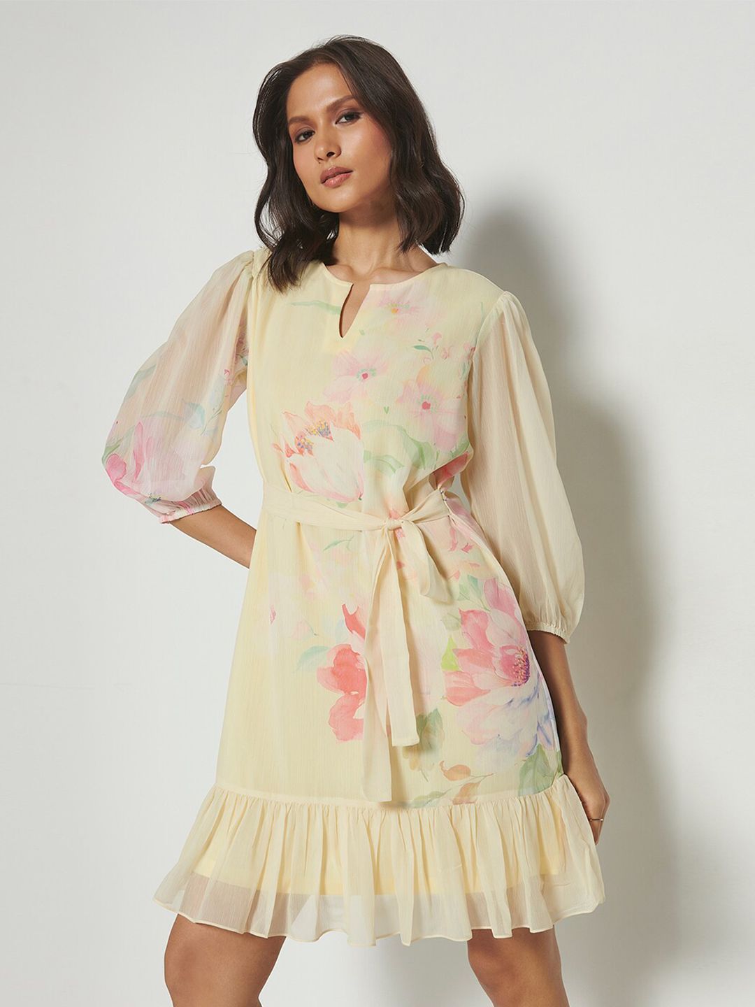 AND Floral Printed Puff Sleeves Gathered Detailed A-Line Dress