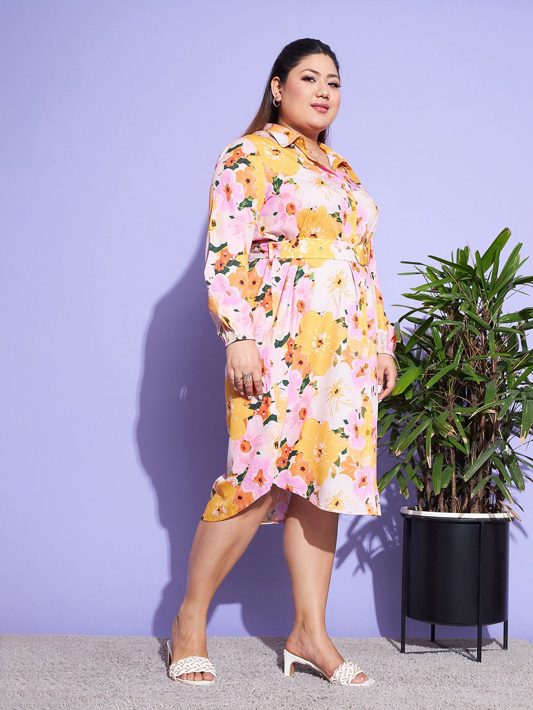 SASSAFRAS Curve Orange Plus Size Floral Printed Puff Sleeves Belted Shirt Dress