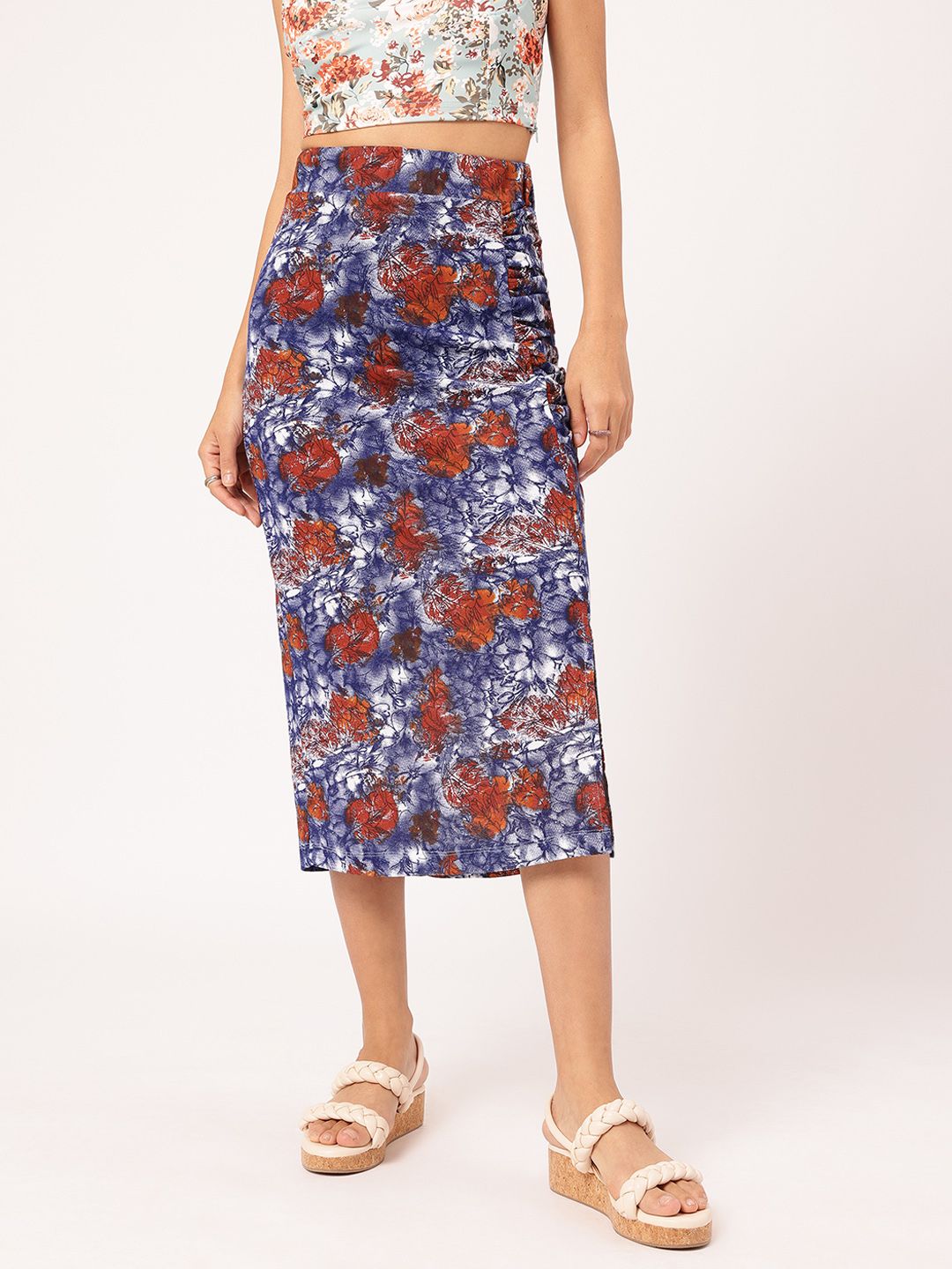 DressBerry Sugarplum Stylish Floral Printed Side-Slit Ruched Midi Skirt