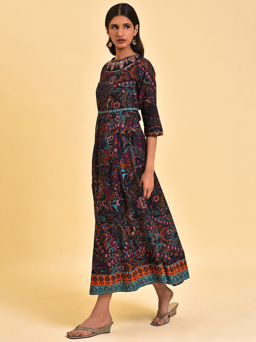 W Blue Ethnic Motifs Printed Embroidered Pure Cotton Maxi Ethnic Dress
