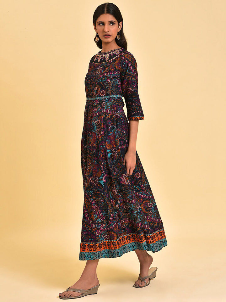 W Blue Ethnic Motifs Printed Embroidered Pure Cotton Maxi Ethnic Dress