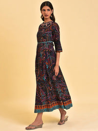 W Blue Ethnic Motifs Printed Embroidered Pure Cotton Maxi Ethnic Dress