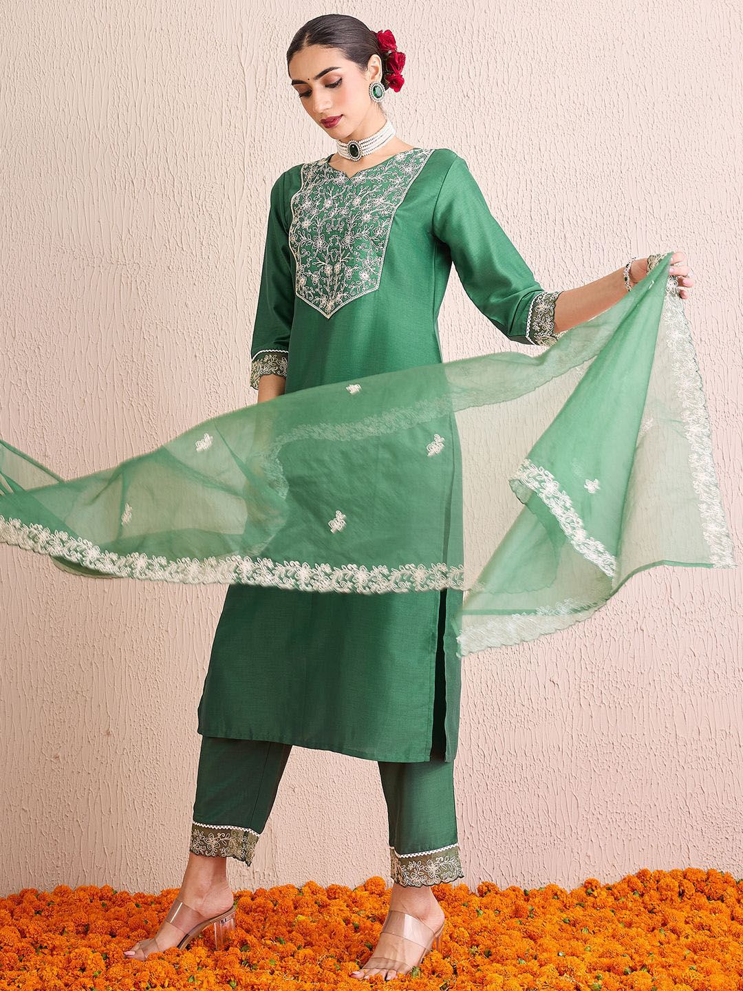 Indo Era Women Ethnic Motifs Yoke Design Regular Thread Work Kurta with Trousers & With Dupatta