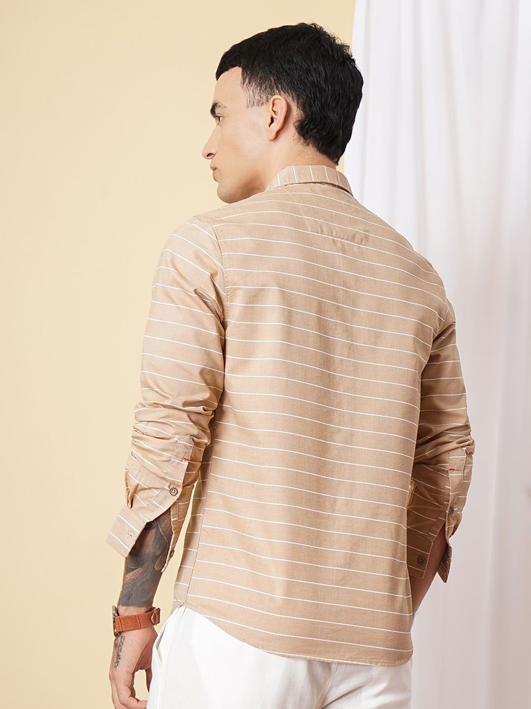The Indian Garage Co Men Khaki Slim Fit Striped Pure Cotton Casual Shirt