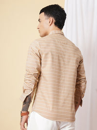 The Indian Garage Co Men Khaki Slim Fit Striped Pure Cotton Casual Shirt
