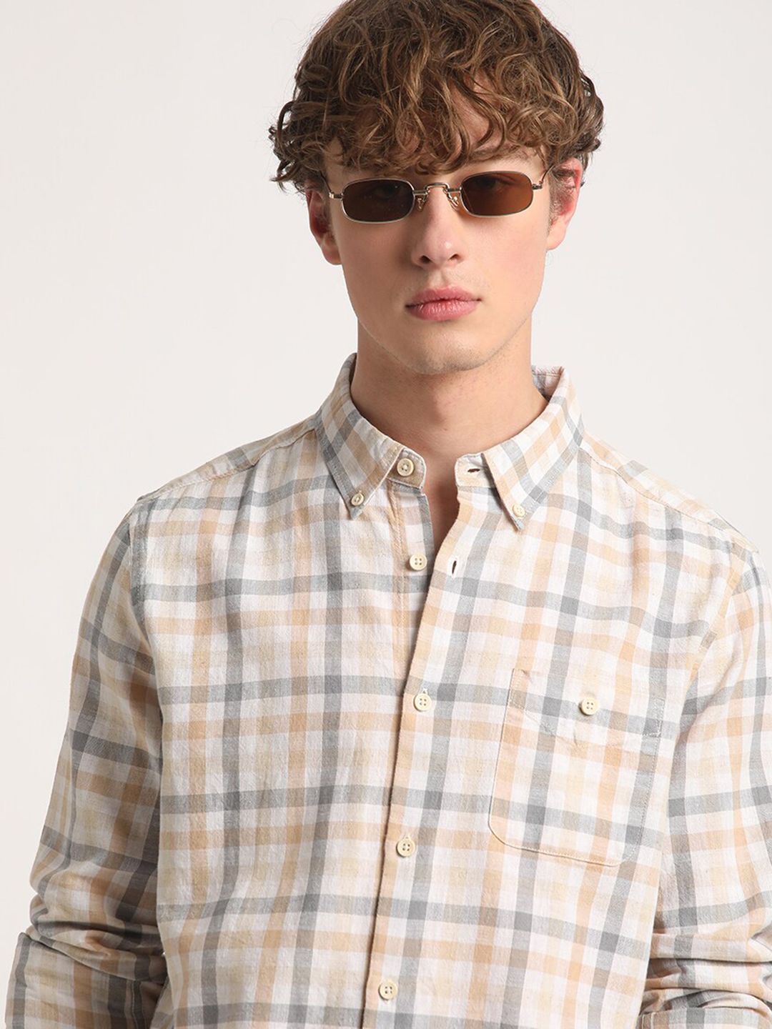 THE BEAR HOUSE Tartan Checked Slim Fit Cotton Linen Casual Shirt
