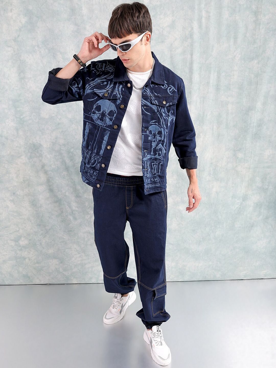 The Indian Garage Co Men Graphic Print Slim Fit Denim Jacket with Double Flap Pockets