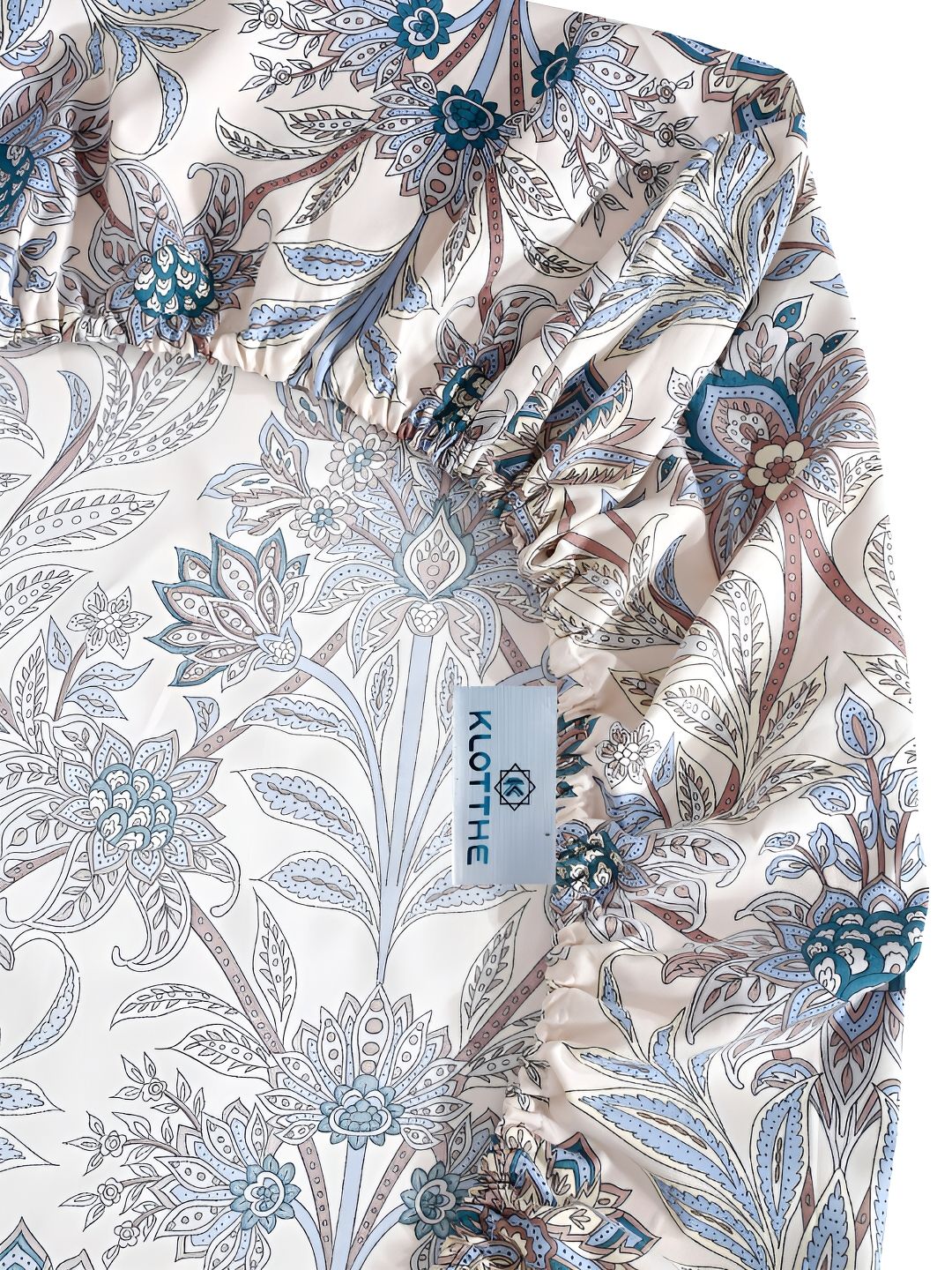KLOTTHE Blue Floral Cotton 300 TC Fitted King Fine Bedsheet with 2 Pillow Covers-98 x 89 inches