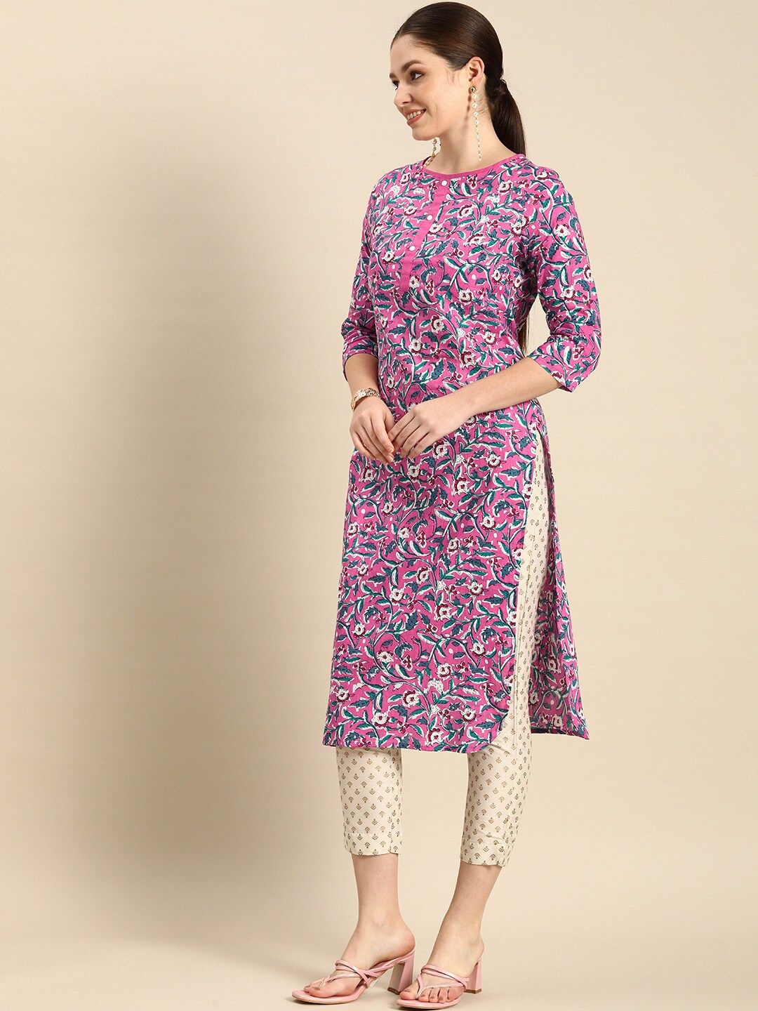 Anouk Women Pink Floral Printed Pure Cotton Straight Kurta