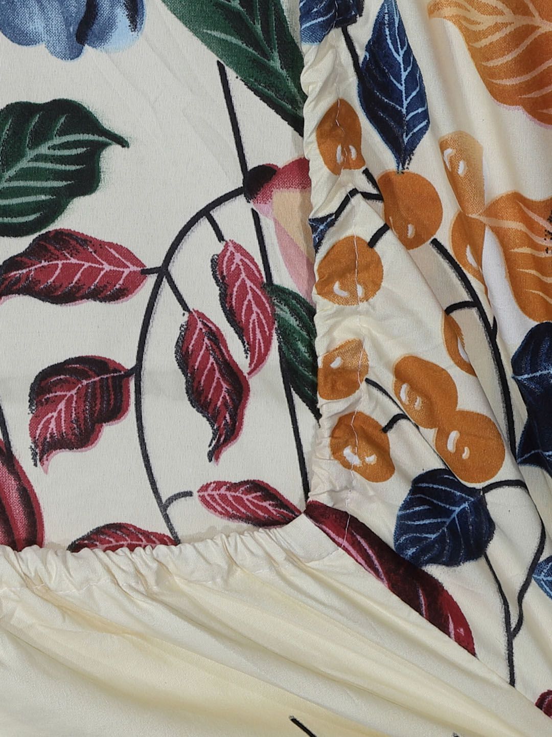 KLOTTHE Beige Floral Cotton 300 TC Fitted King Fine Bedsheet with 2 Pillow Covers-250 x 220 cm