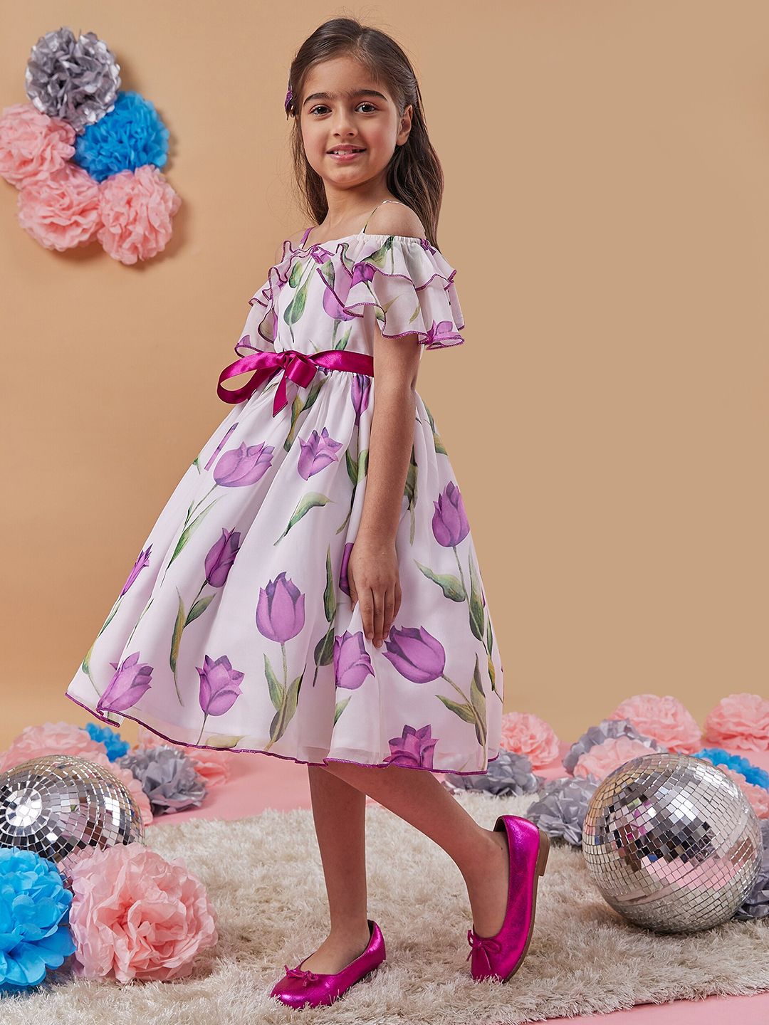 pspeaches Girls Floral Printed Cold-Shoulder Bow Fit & Flare Midi Dress