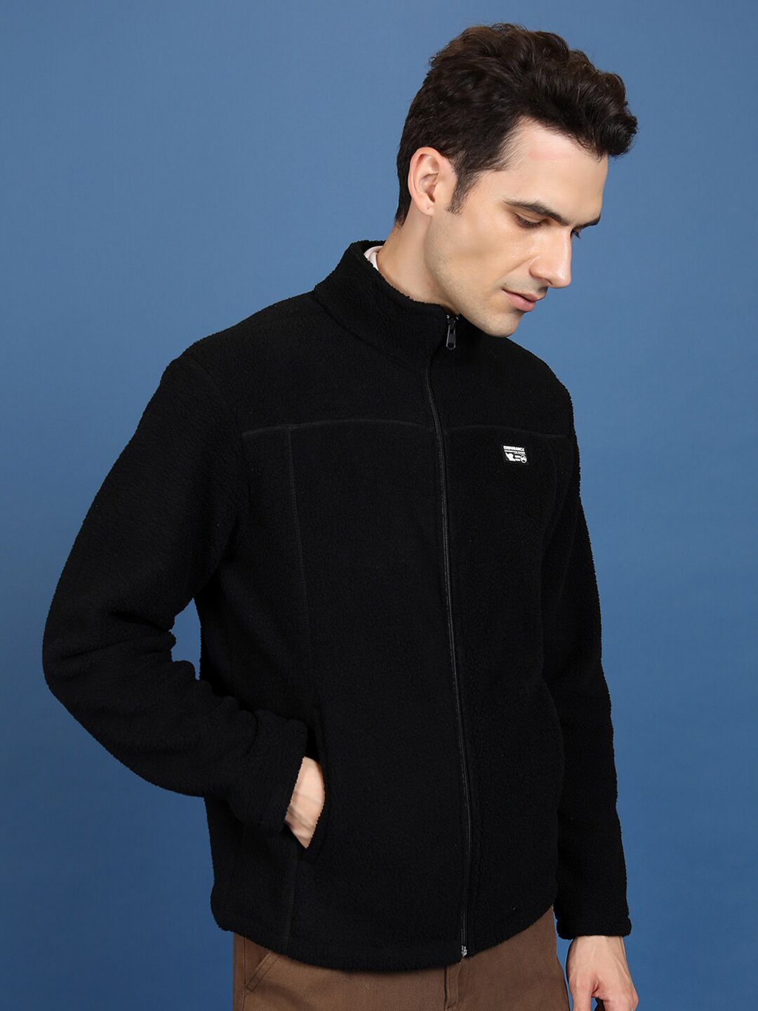 HIGHLANDER Black High Neck Long Sleeves Front-Open Sweatshirt