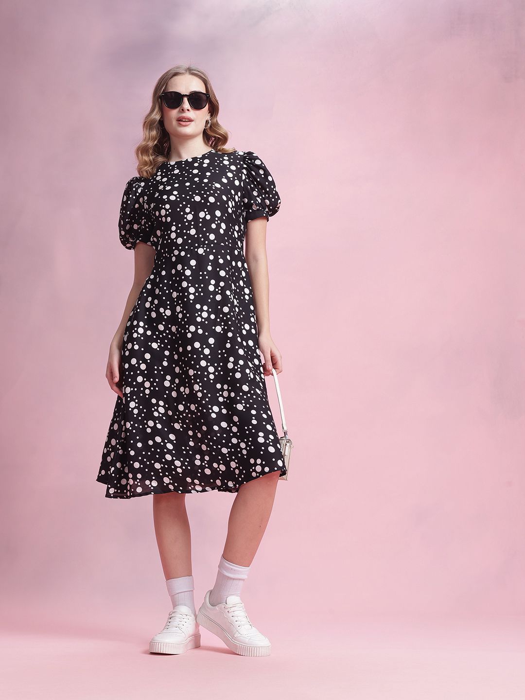 DressBerry Printed Puff Sleeve A-Line Midi Dress