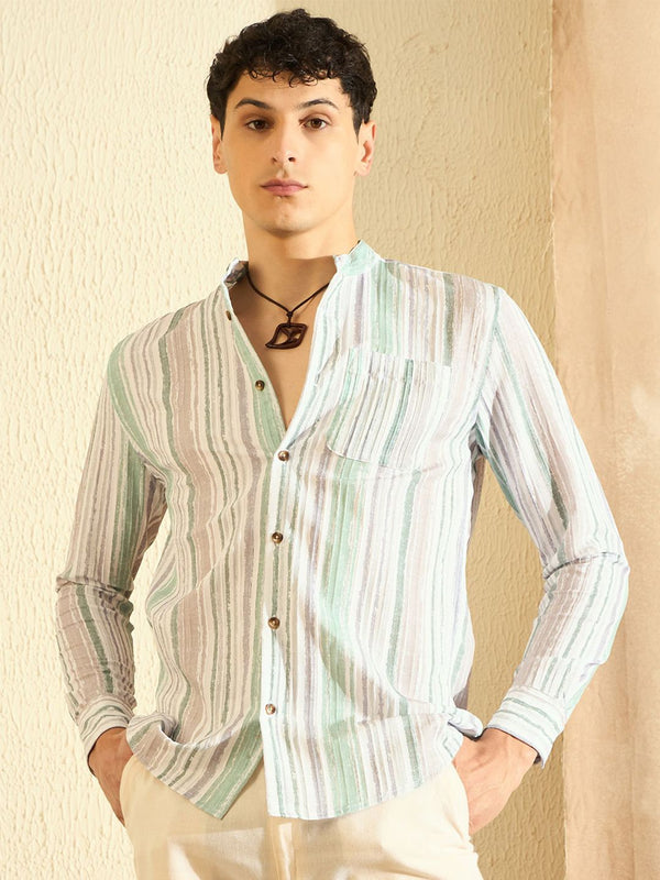 DENNISON Smart Striped Band Collar Casual Shirt