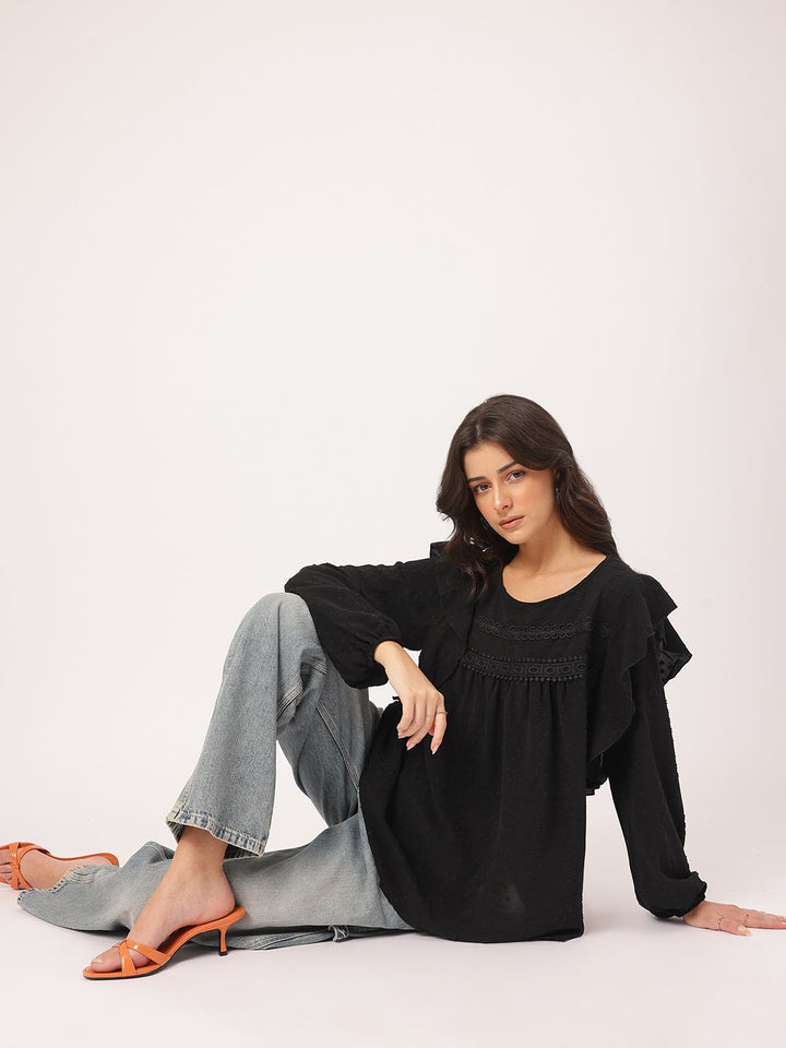 DressBerry Muted Melodies Dobby Weave Lace Inserts Ruffled Top
