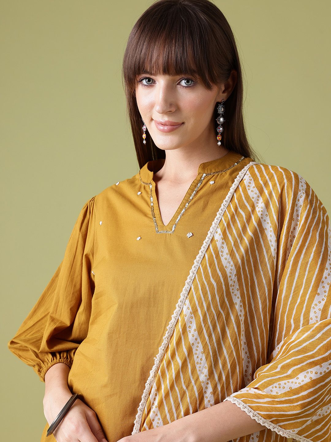 Anouk Sequinned Embellished Cotton Puff Sleeves Straight Kurta with Palazzos & Dupatta